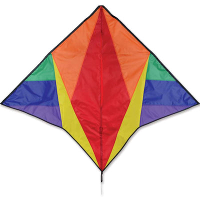 Gyro Delta Kite - Rainbow soaring high in the sky with colorful stripes, accompanied by a spinning windsock in an outdoor setting.
