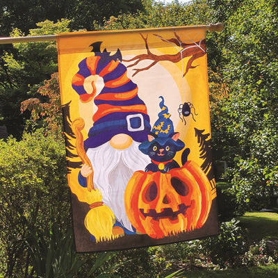 28 in. illuminated Halloween Gnome flag with bright colors and gnome design displayed outdoors, perfect for fall holiday decoration.