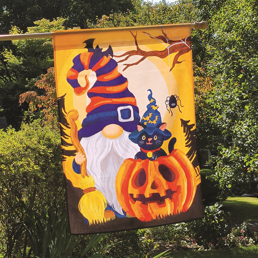 28 in. illuminated Halloween Gnome flag with bright colors and gnome design displayed outdoors, perfect for fall holiday decoration.
