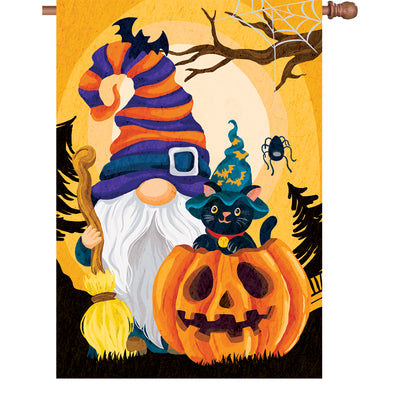 28 in. illuminated Halloween Gnome flag with bright colors and gnome design displayed outdoors, perfect for fall holiday decoration.