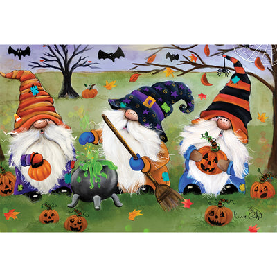 Halloween Gnomes windsock featuring embroidered gnomes, a cauldron, jack-o'-lanterns, and autumn leaves, displayed outdoors catching the wind.