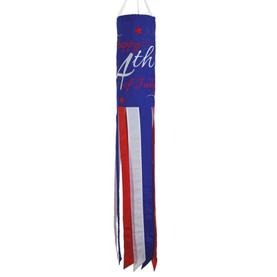 Happy 4th of July 40" Windsock featuring bright red, white, and blue colors, with embroidered details and fluttering tails, hanging outdoors.