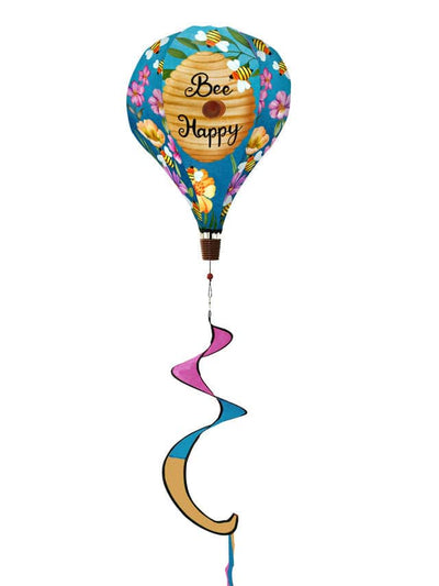 Hot air balloon spinner with buzzing bees, floral accents, and golden beehive design in weather-resistant polyester for joyful, breezy outdoor garden décor.