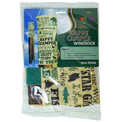 Happy Camper windsock featuring vibrant colors and detailed graphics, perfect for hanging outdoors in a garden or campsite setting to celebrate camping adventures.