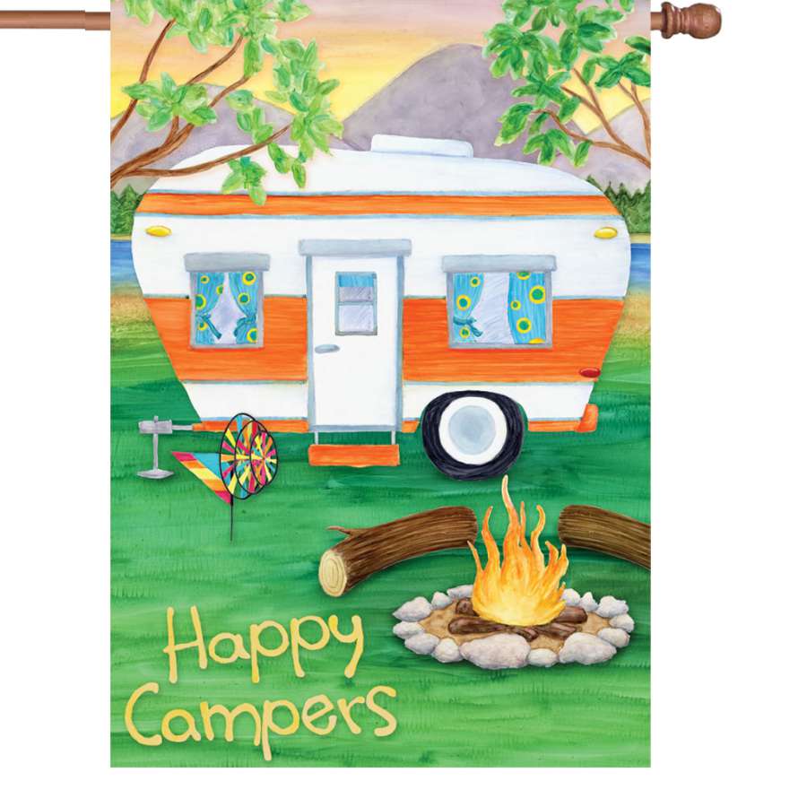28 in. Happy Campers flag made from soft fabric, featuring vibrant outdoor-themed design, displayed in an inviting garden setting.
