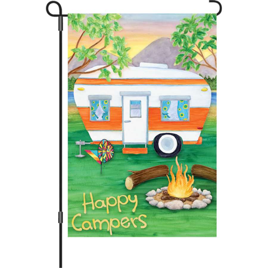 12 in. Happy Campers garden flag made from soft PremierSoft fabric, displayed in an outdoor garden setting with vibrant colors.