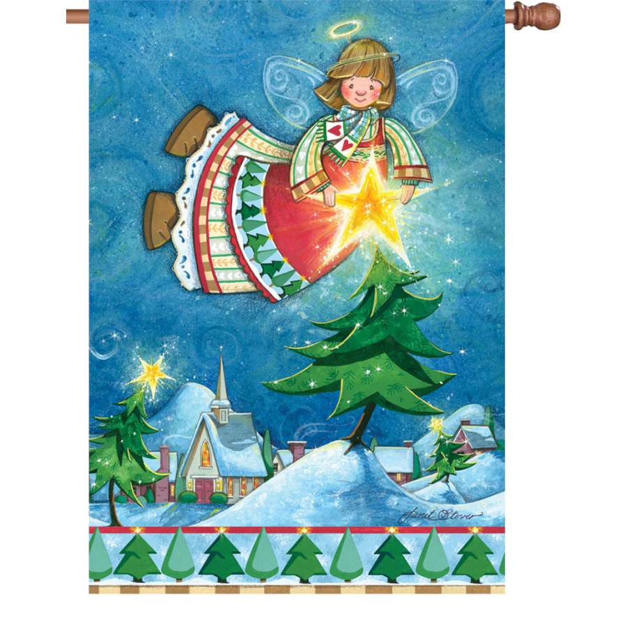 28 in. Happy Christmas Angel illuminated flag, featuring a vibrant angel design, displayed on a flagpole in a festive outdoor setting.