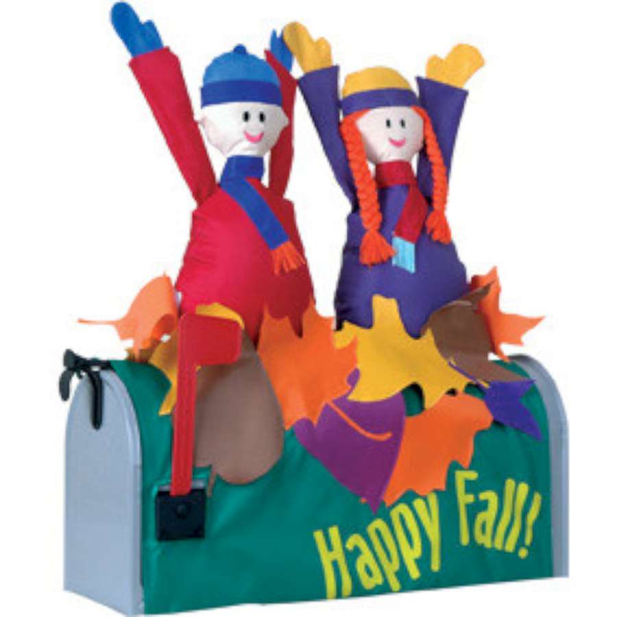 Happy Fall mailbox cover featuring colorful autumn leaves and pumpkins, enhancing a standard U.S. mailbox in a welcoming display.