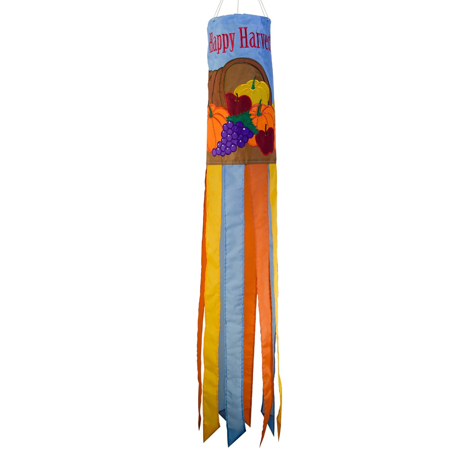 Happy Harvest 40" Windsock featuring a cornucopia design with fruits and vegetables, fluttering gracefully in a garden setting during autumn.