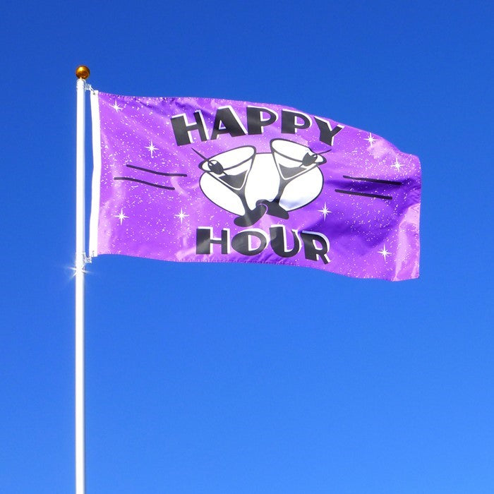 Happy Hour 3x5 Grommet Flag showcasing colorful party graphics displayed outdoors, designed for celebrations and gatherings.
