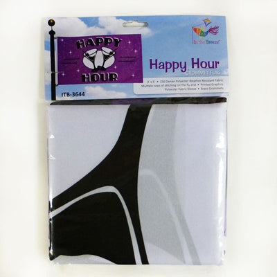 Happy Hour 3x5 Grommet Flag showcasing colorful party graphics displayed outdoors, designed for celebrations and gatherings.