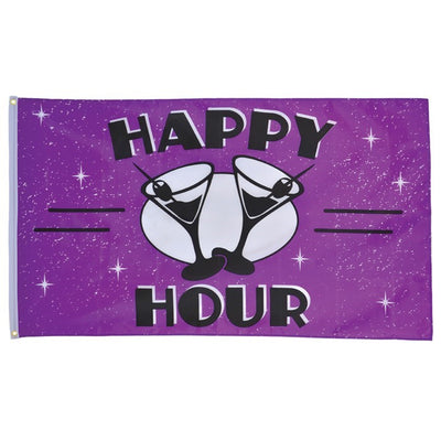 Happy Hour 3x5 Grommet Flag showcasing colorful party graphics displayed outdoors, designed for celebrations and gatherings.