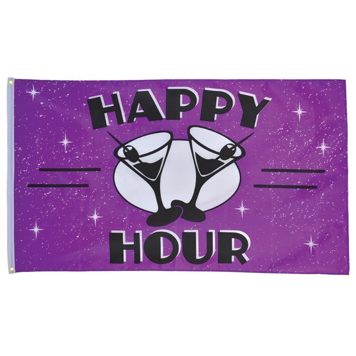 Happy Hour 3x5 Grommet Flag showcasing colorful party graphics displayed outdoors, designed for celebrations and gatherings.