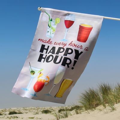 Happy Hour Cocktails Lustre House Banner featuring colorful cocktails and 'Happy Hour' text displayed in a vibrant outdoor setting.