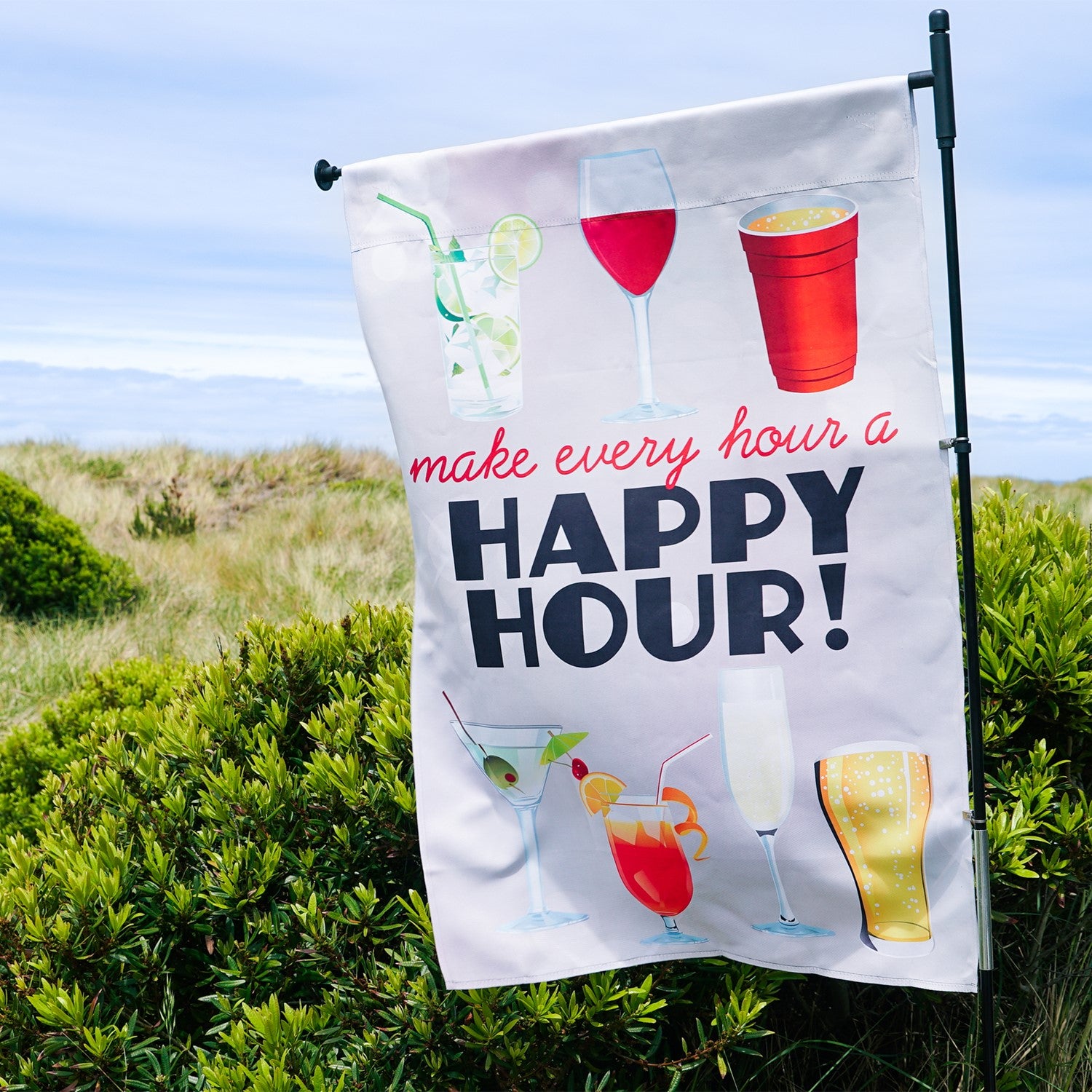 Happy Hour Cocktails Lustre House Banner featuring colorful cocktails and 'Happy Hour' text displayed in a vibrant outdoor setting.