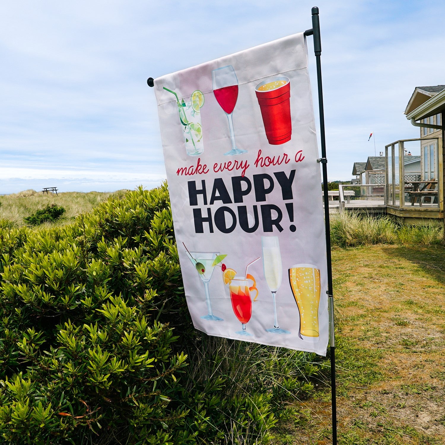 Happy Hour Cocktails Lustre House Banner featuring colorful cocktails and 'Happy Hour' text displayed in a vibrant outdoor setting.
