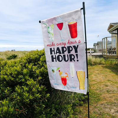 Happy Hour Cocktails Lustre House Banner featuring colorful cocktails and 'Happy Hour' text displayed in a vibrant outdoor setting.