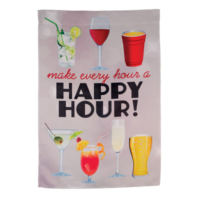 Happy Hour Cocktails Lustre House Banner featuring colorful cocktails and 'Happy Hour' text displayed in a vibrant outdoor setting.