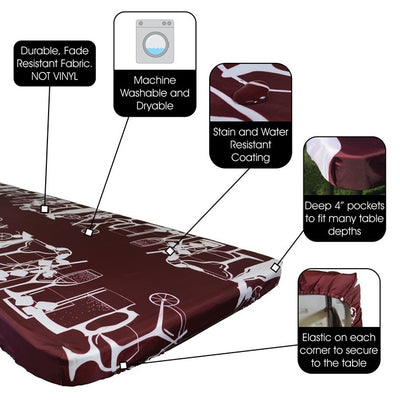 Happy Hour Drinks 8' Tablecloth featuring a vibrant design, secured to a picnic table in an outdoor setting, ideal for camping or events.