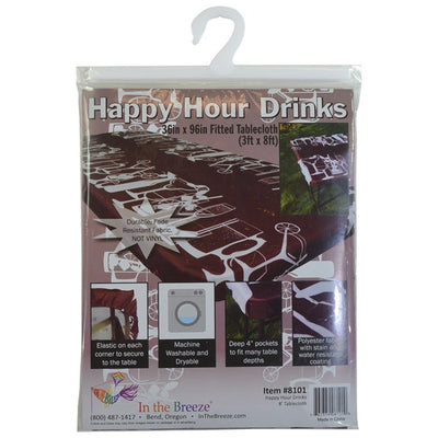Happy Hour Drinks 8' Tablecloth featuring a vibrant design, secured to a picnic table in an outdoor setting, ideal for camping or events.