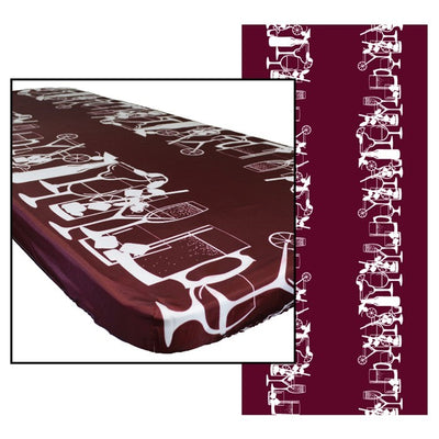 Happy Hour Drinks 8' Tablecloth featuring a vibrant design, secured to a picnic table in an outdoor setting, ideal for camping or events.