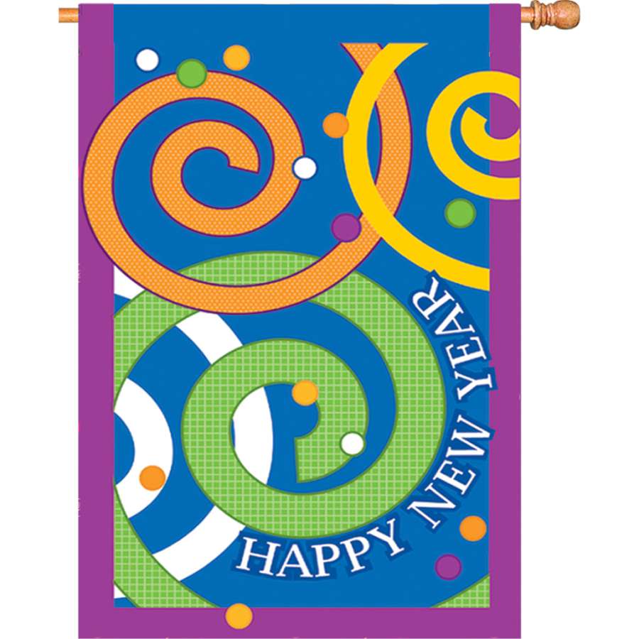 28 in. Happy New Year house flag featuring the text 'HAPPY NEW YEAR' in bright colors, displayed on a flag pole.