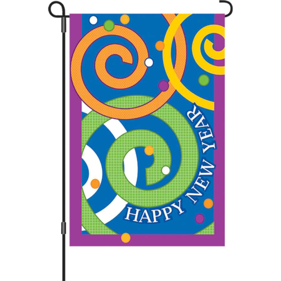 12 in. Happy New Year garden flag featuring bright fireworks and celebratory typography displayed in a garden setting.