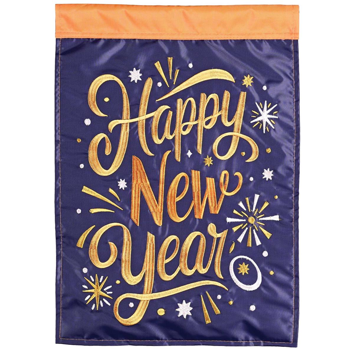 Happy New Year garden flag featuring colorful designs and intricate embroidery displayed in a garden setting on a flagpole.
