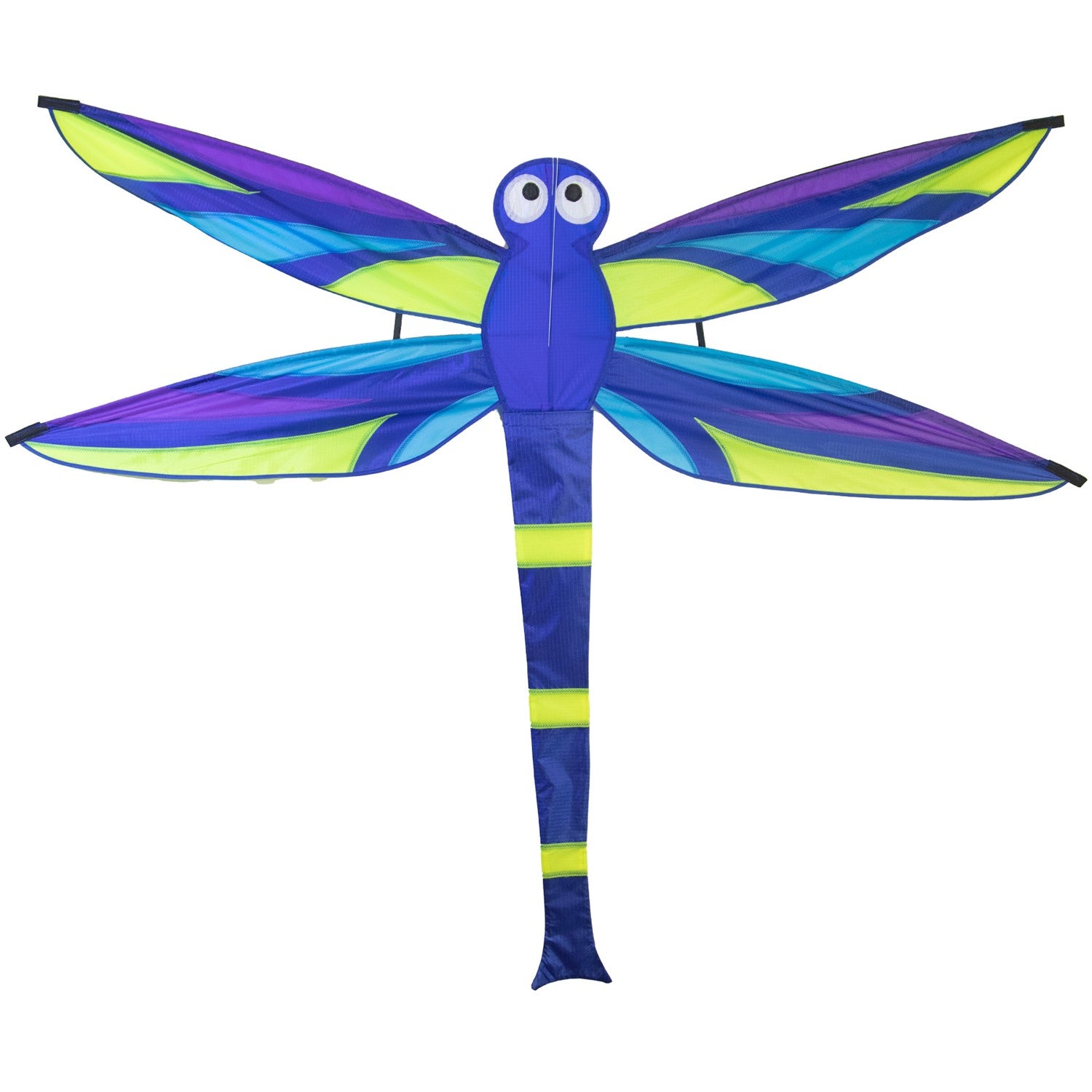 Vibrant Harmony Dragonfly Kite soaring through a clear blue sky, showcasing intricate details and fluttering wings in the wind.
