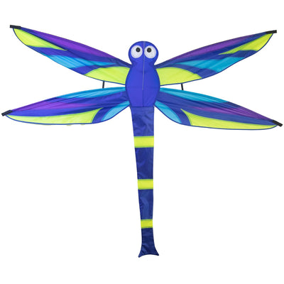 Vibrant Harmony Dragonfly Kite soaring through a clear blue sky, showcasing intricate details and fluttering wings in the wind.