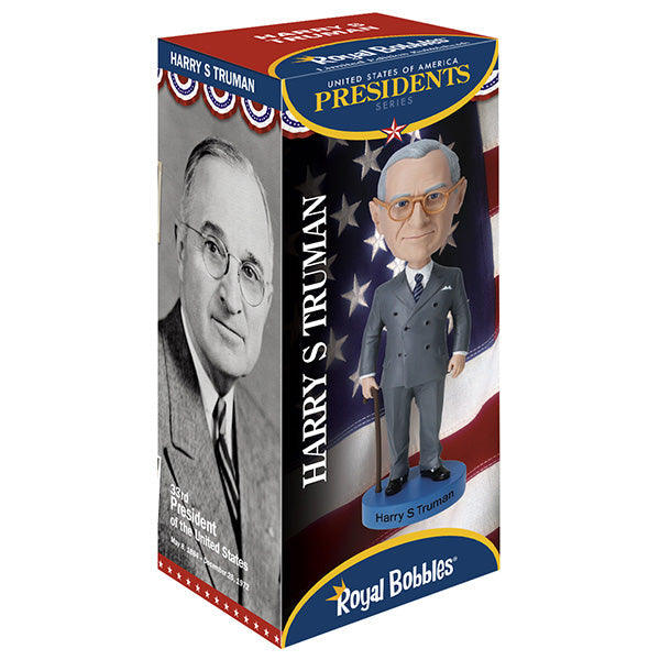 Close-up of the Harry S Truman V2 Bobblehead featuring detailed craftsmanship, standing about 8 inches tall with Truman in a classic suit.
