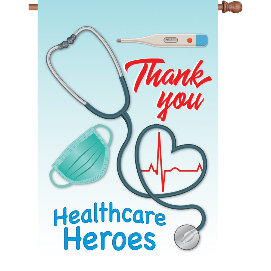 28 in. Healthcare Heroes flag crafted from PremierSoftTM fabric, featuring a vibrant double-sided design reading 'Thank you Healthcare Heroes' displayed on a flagpole.