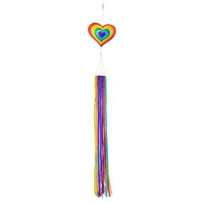 Heart & Ribbon Windsock featuring colorful rainbow satin ribbons cascading from a resin heart ornament, gently swaying in a garden setting.
