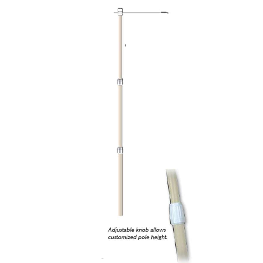 A 14-foot Heavy Duty Banner Pole with a 360-degree swiveling top and adjustable height, holding a vibrant banner securely in place outside.