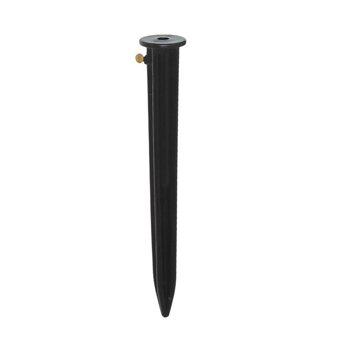 Heavy Duty Ground Stake for garden spinners, featuring a metal thumb screw and durable plastic construction, securely holding a decorative garden spinner.
