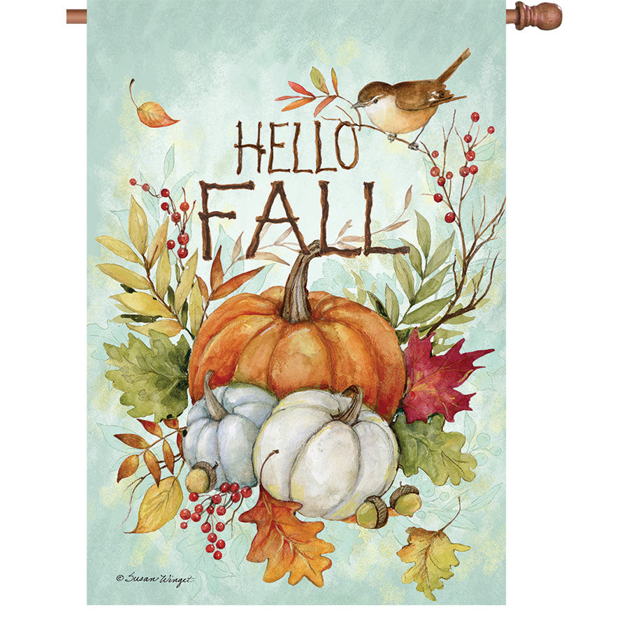 36 in. Elite Oversized House Flag featuring a colorful Hello Fall design, displayed on a standard flag pole in an outdoor garden setting.