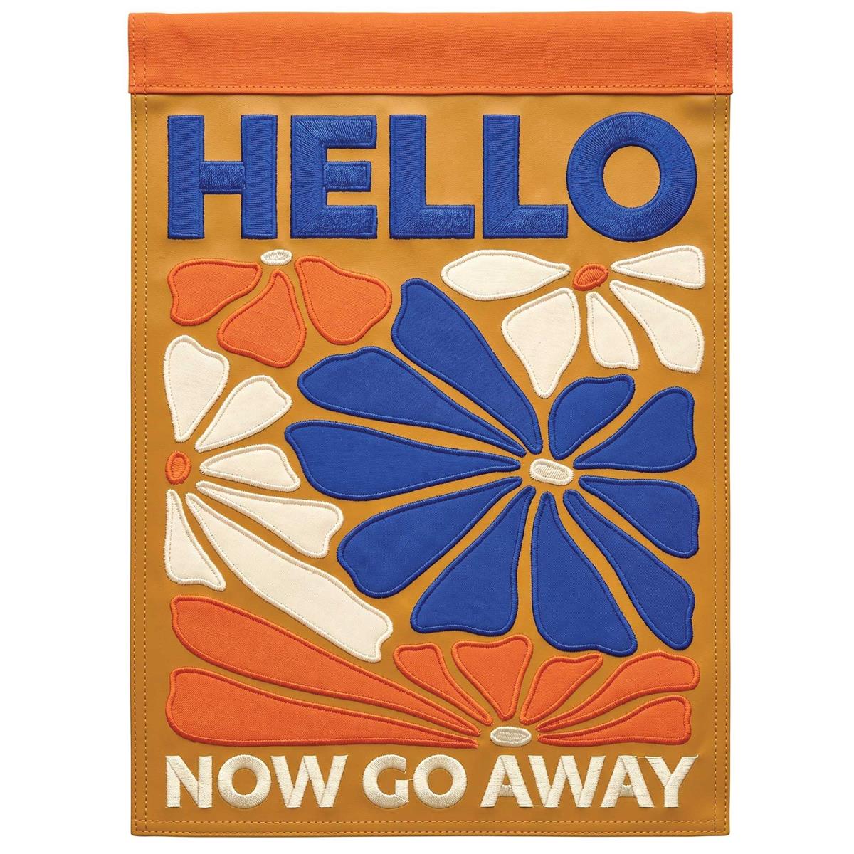 Hello Now Go Away double-sided garden flag with vibrant applique displayed on a garden flag stand in an outdoor setting.