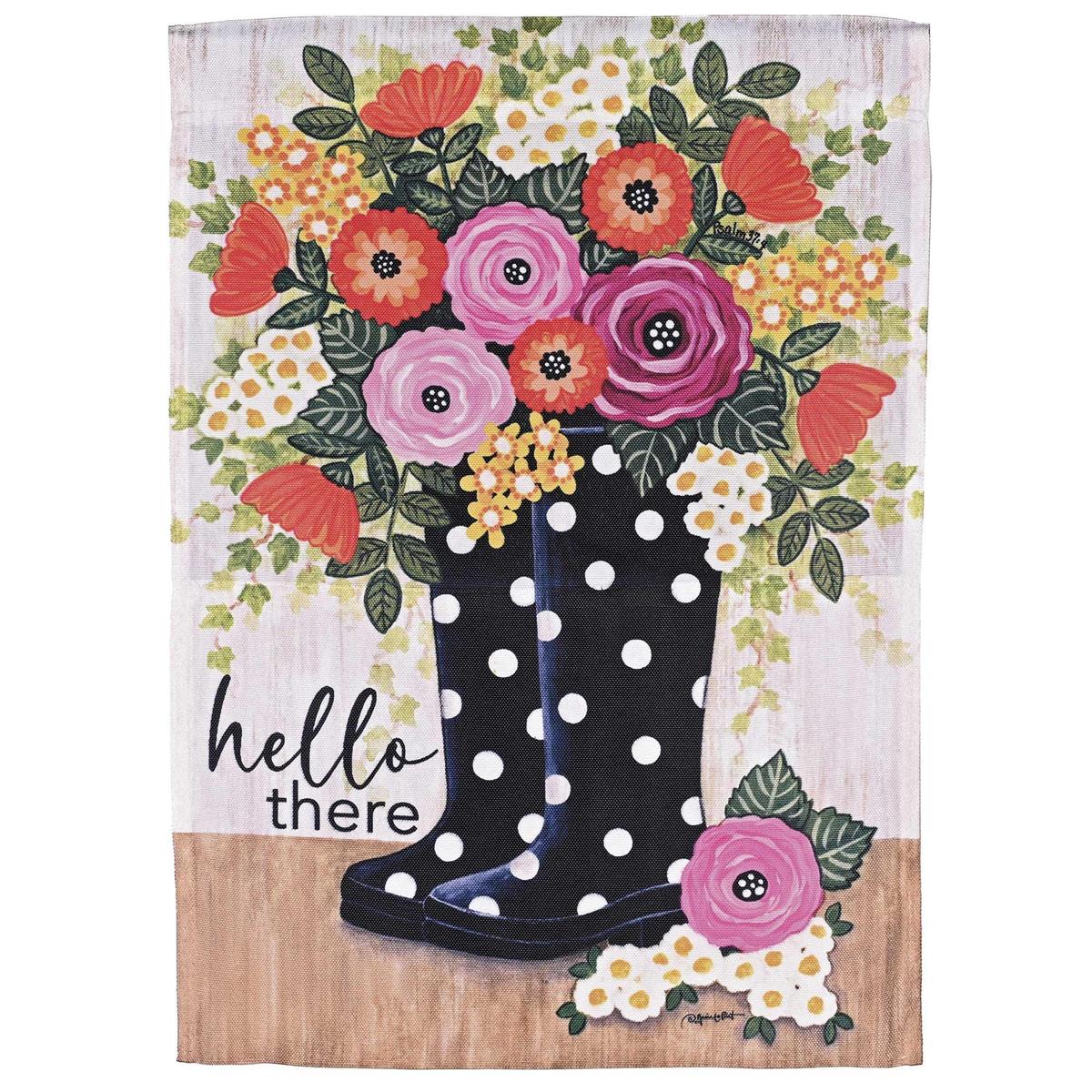 Hello There Floral Rain Banner Flag featuring a vibrant floral design displayed outdoors, measuring 30x44 inches for an eye-catching effect.