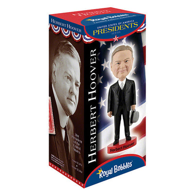 Herbert Hoover Bobblehead showcasing intricate hand-painted details in a colorful collector's box, measuring approximately 8 inches tall.