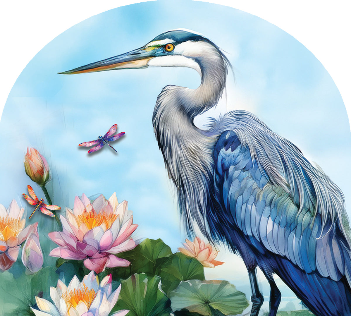 Heron and Lilies-Arbor Mate panel displaying a vibrant heron and lily design in a picturesque garden setting.