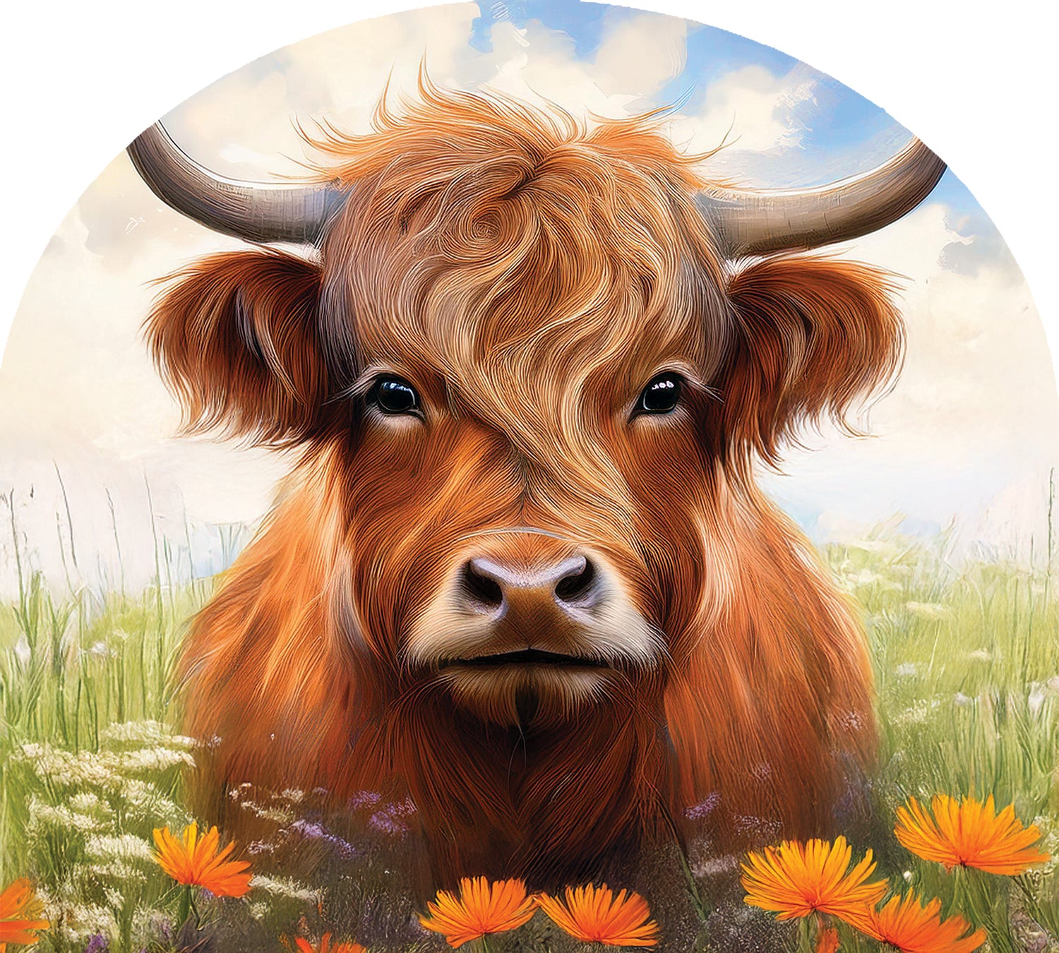 Highland Cow Arbor Mate decorative panel, 9.25x7.5 inches, featuring a whimsical Highland cow illustration displayed in a garden setting.