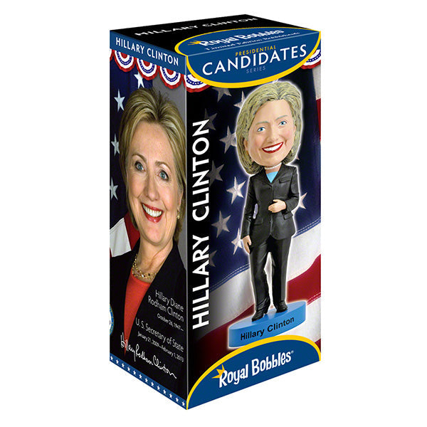 Hillary Clinton 2016 bobblehead, standing approximately 8 inches tall, capturing her likeness in vibrant detail, displayed on a shelf.