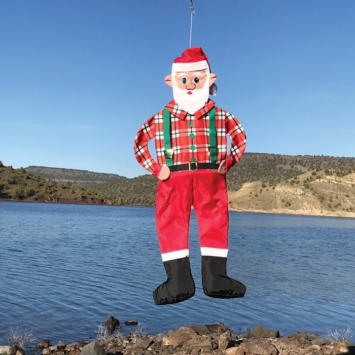 Hipster Santa Wind Friend features a plaid shirt and suspenders, displayed outdoors, capturing a modern essence of Father Christmas.