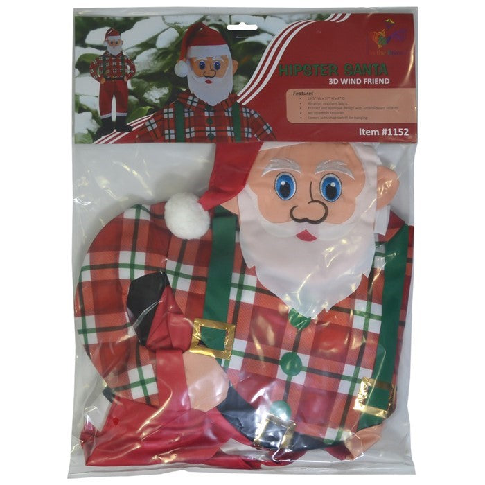 Hipster Santa Wind Friend features a plaid shirt and suspenders, displayed outdoors, capturing a modern essence of Father Christmas.