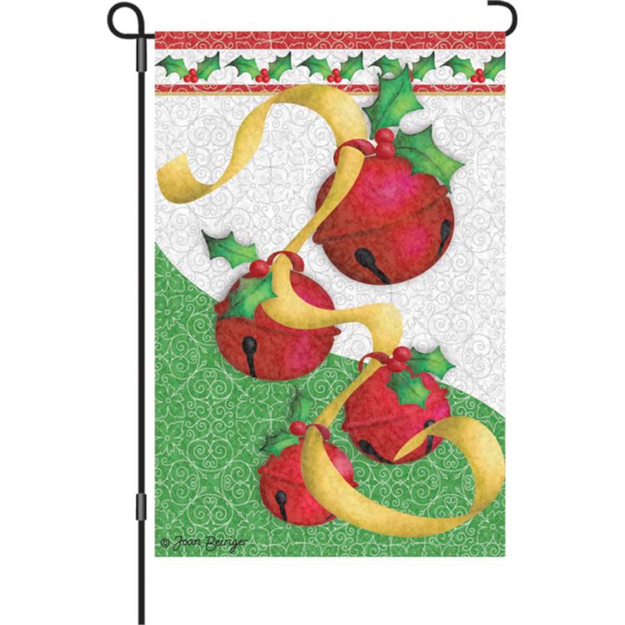 Illuminated 12 in. Holiday Bells garden flag showcasing festive bells design in an outdoor display setting.