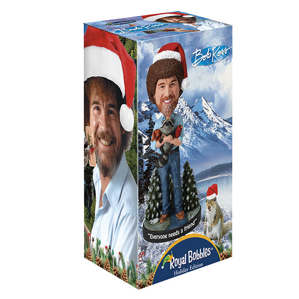 Holiday Bob Ross Bobblehead featuring Bob Ross in a winter sweater, approximately 8 inches tall, smiling joyfully.