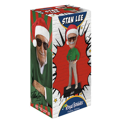 Holiday Stan Lee Bobblehead featuring the legendary comic creator with a smiling expression, detailed attire, and a bobbling action.
