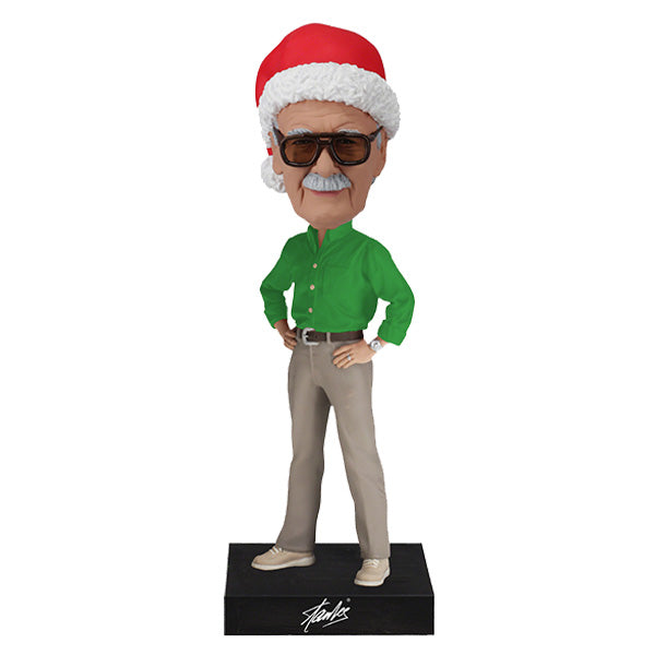 Holiday Stan Lee Bobblehead featuring the legendary comic creator with a smiling expression, detailed attire, and a bobbling action.