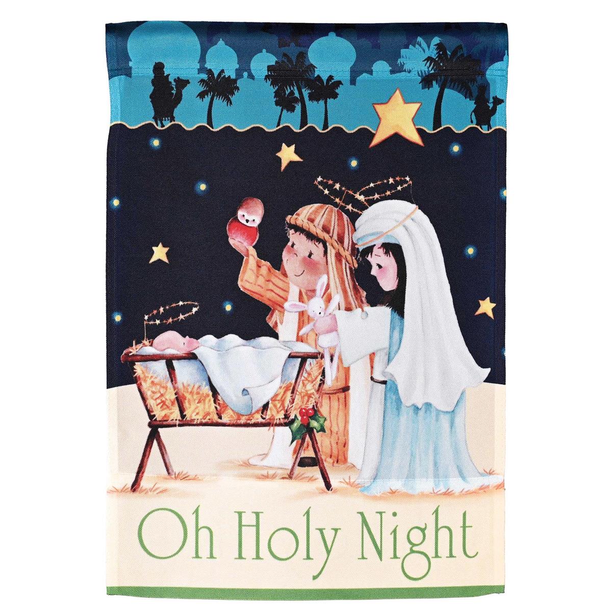 Holy Family Oh Holy Night garden flag displayed outdoors, featuring vibrant colors and a striking design that captures the spirit of Christmas.