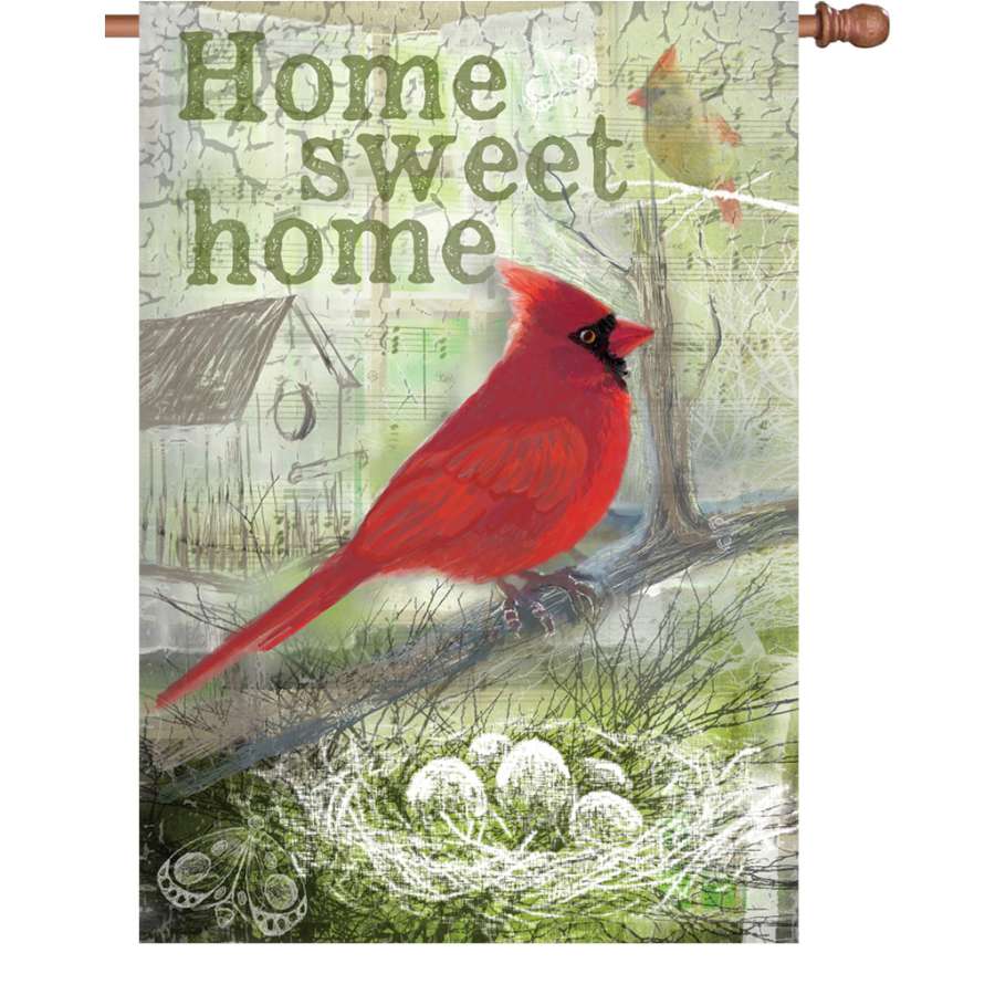 28 in. Home Sweet Home flag made from velvety PremierSoft fabric displayed on a garden stand, featuring inviting colors and typography.
